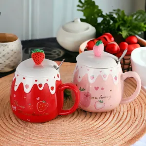 Strawberry Desert Mug With Lid & Spoon