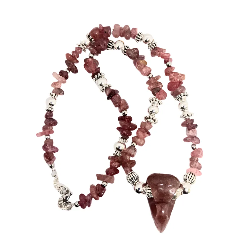 Strawberry Quartz Crystal Raven Skull Necklace