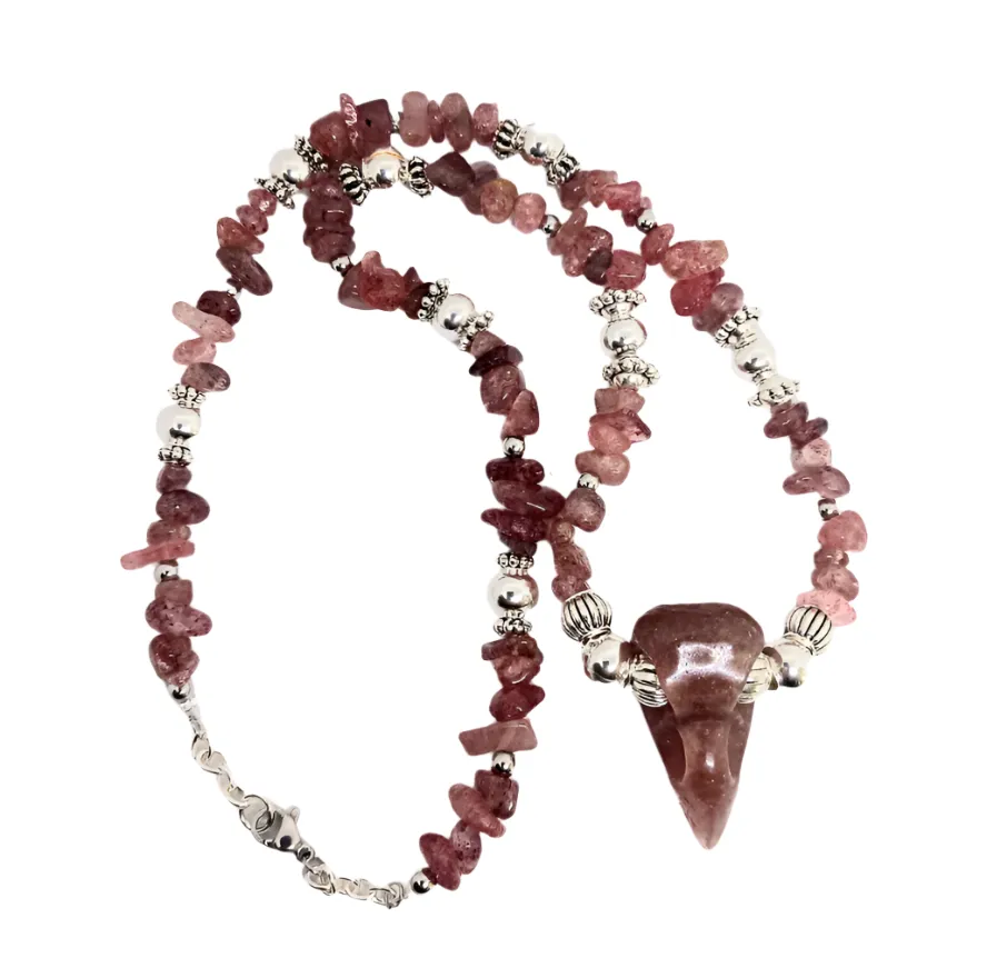 Strawberry Quartz Crystal Raven Skull Necklace