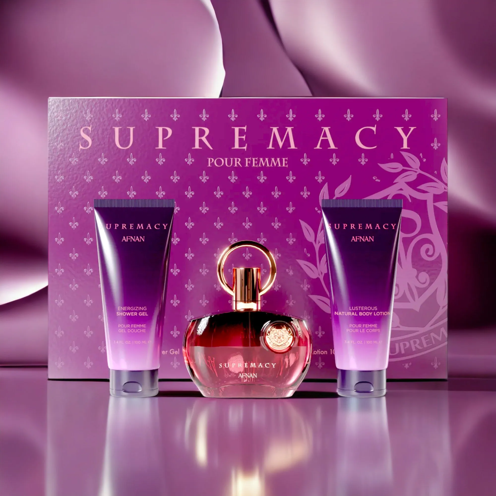 Supremacy Purple by Afnan for Women 3 PCS Set: Eau de Parfum 3.4 oz   Body Lotion   Shower Gel